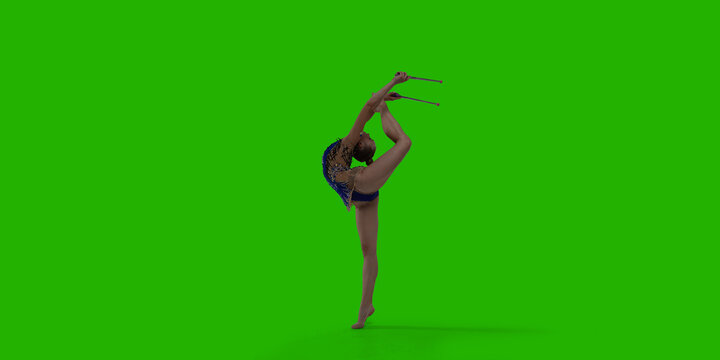 Rhythmic gymnastic woman on green screen background.