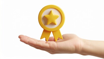 3D mission complete badge icon floating above a hand