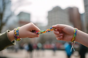 Two hands holding a braided friendship bracelet outdoors