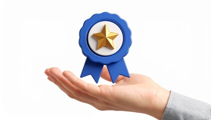 3D mission complete badge icon floating above a hand