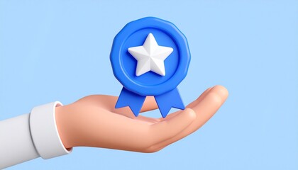 3D mission complete badge icon floating above a hand