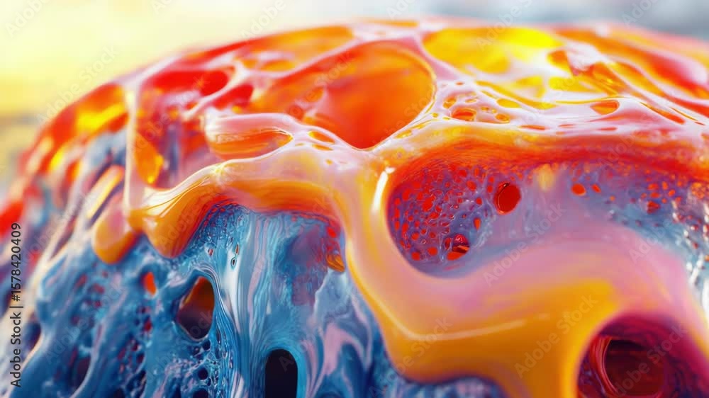 Poster a blob of orange and blue liquid with a yellow line. it looks like a blob of lava