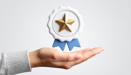 3D mission complete badge icon floating above a hand