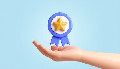 3D mission complete badge icon floating above a hand