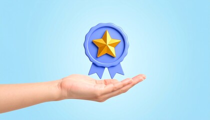 3D mission complete badge icon floating above a hand