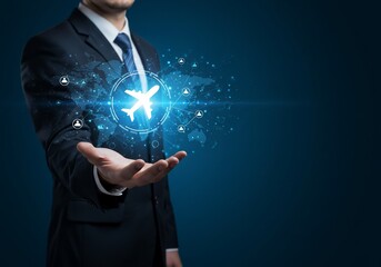 Businessman Presenting Global Air Travel Network Concept