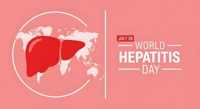 World Hepatitis Day illustration featuring a liver graphic over a world map on a pink background - Powered by Adobe