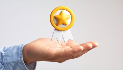 3D mission complete badge icon floating above a hand