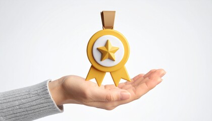 3D mission complete badge icon floating above a hand