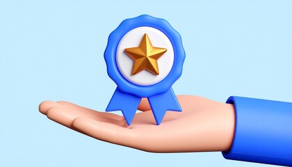 3D mission complete badge icon floating above a hand