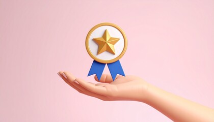 3D mission complete badge icon floating above a hand
