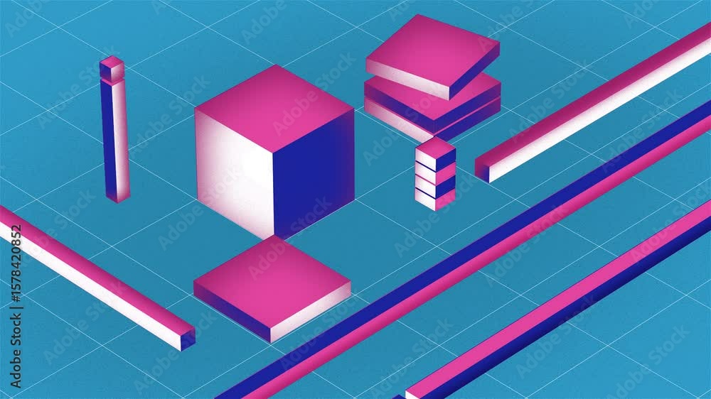 Poster this video features a variety of pink and blue geometric shapes moving and rotating on a blue grid b