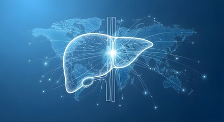 Global liver health, a glowing anatomical illustration of a human liver superimposed on a world map, representing worldwide impact