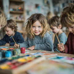 child, mother, boy, family, education, children, kid, childhood, drawing, fun, art, play, together, school, people, baby, learning, paint, preschool, teacher, daughter, woman, playing, painting, two