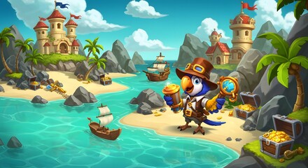 Colorful Cartoon Pirate Parrot with Treasure on a Tropical Island by the Ocean with Ships