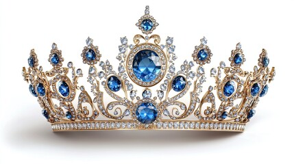 White Gold Crown with Blue Gems, Isolated on Transparent Background for Royal Design