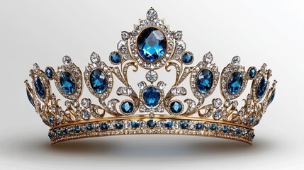 White Gold Crown with Blue Gems, Isolated on Transparent Background for Royal Design