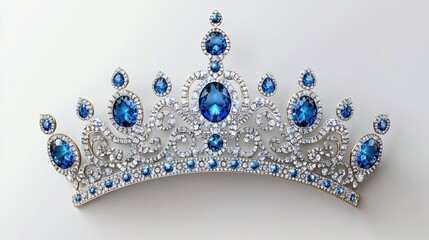 White Gold Crown with Blue Gems, Isolated on Transparent Background for Royal Design