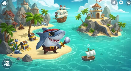 Colorful Cartoon Pirate Shark Standing on a Tropical Beach with Treasure and Sailing Ships