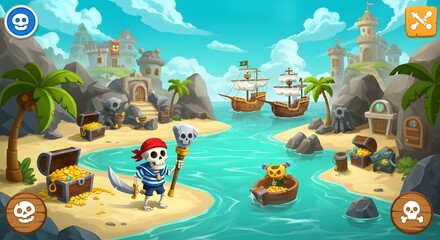 Colorful Cartoon Pirate Scene Featuring Skeleton Pirate on Tropical Island with Treasure and Ships