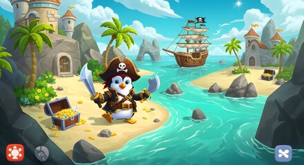 Playful Cartoon Penguin Pirate Holding Swords Near Treasure Chest on Sunny Beach Island