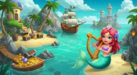 Whimsical Mermaid Playing Harp by Turquoise Ocean with Tropical Island and Treasure