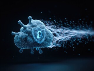 Cloud Security Padlock in Dissolving Pixelated Virus on Dark Blue