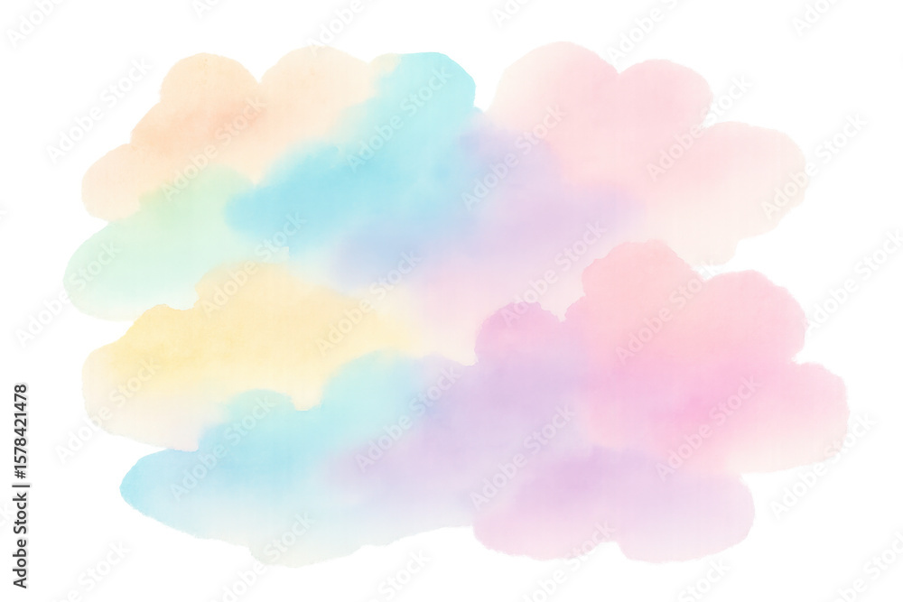 Poster pastel watercolor clouds floating softly, creating ethereal background with delicate transparency fo