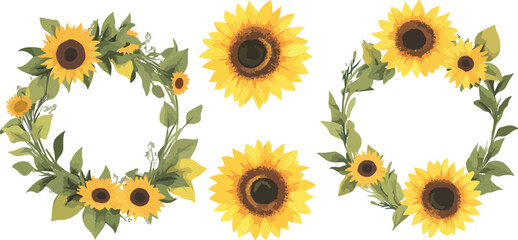 Watercolor Sunflower Floral Arrangement with Wreaths and Single Blooms on White