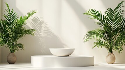 White podium on a white background, neutral product display scene, branding mock-up, 3D render.