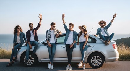 Happy friends on a road trip adventure with car enjoying scenic views