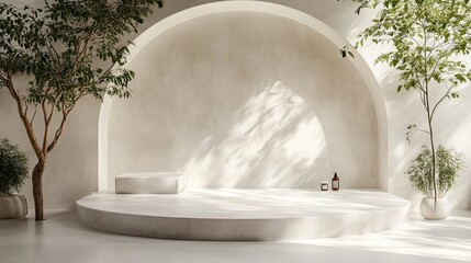 White stone podium for product display, minimalist aesthetic, luxury cosmetics or decor, 3D render.
