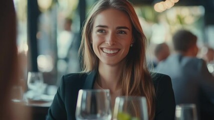Lady in a suit enjoying a meal, sitting at a restaurant table with wine glasses.
