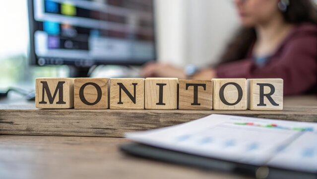 Wooden blocks forming "MONITOR" with soft focus digital dashboard behind
