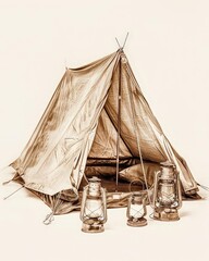 retro camping gear set tent and lantern sepia .