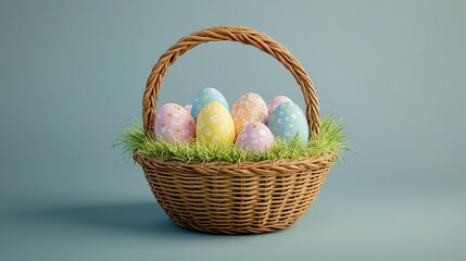 Wicker basket filled with pastel-colored Easter eggs on green grass, representing a festive holiday theme.