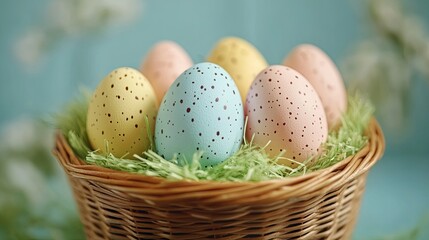 Wicker basket filled with pastel-colored Easter eggs on green grass, representing a festive holiday theme.