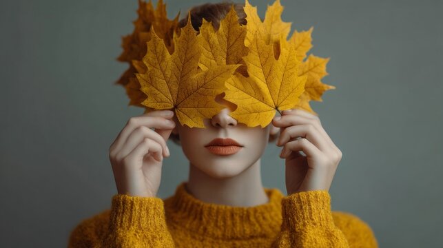 A woman is wearing a yellow sweater and holding a leaf in her hand - Powered by Adobe
