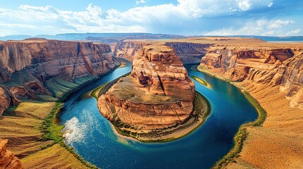 Winding river cutting through majestic cliffs, offering a breathtaking view of natureÃ¢Â?Â?s beauty.
