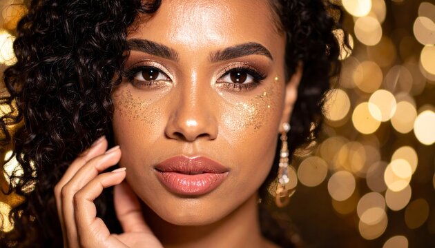 Mujer con maquillaje brillante y fondo c&aacute;lido desenfocado, expresi&oacute;n firme con estilo sofisticado, retrato editorial de belleza moderna con iluminaci&oacute;n suave