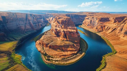 Winding river cutting through majestic cliffs, offering a breathtaking view of natureÃ¢Â?Â?s beauty.