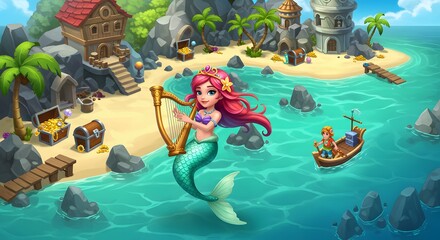 Enchanting Mermaid Playing Harp Amidst Tropical Island Paradise with Treasure and Boat