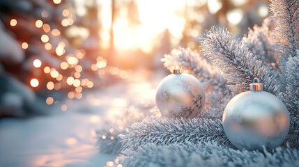 Winter holiday wallpaper with festive ornaments, 3D render for Christmas design.