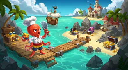 Chef Octopus Preparing A Feast On The Wharf Beside A Tropical Island And Pirate Ship