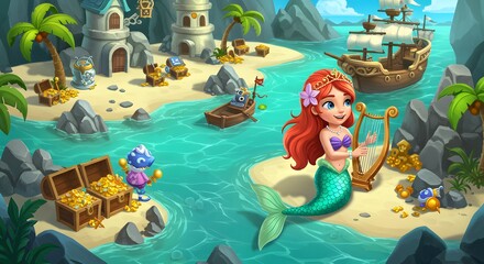 Playful Mermaid Sitting On The Shore With Harp Surrounded By Treasure And Tropical Landscape