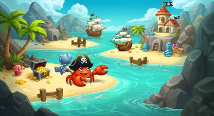 Cartoon Pirate Crab on a Tropical Beach with Ships and Treasure in a Colorful Ocean Paradise