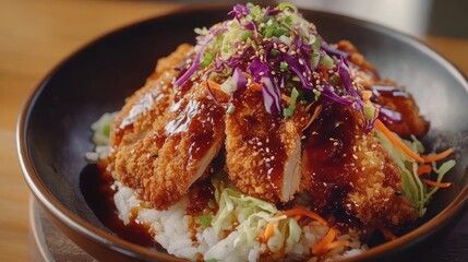 Crispy Katsu chicken with sauce, rice and cabbage.