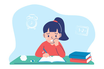 A stressed and anxious student feels overwhelmed by academic pressure while studying for an exam with a looming deadline