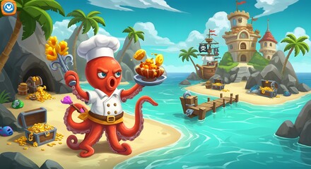Cheerful Octopus Chef Holding Plate of Fried Seafood on Tropical Beach with Pirate Ship and Island