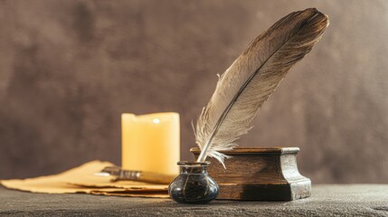 Vintage desk setup with a feather quill and inkwell on aged parchment.